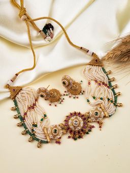 STILEADDA - Kundan Studded Meenakari Rajwadi Bandhai Pearl Necklace with Earrings