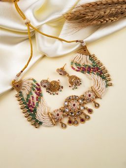 STILEADDA - Rajwadi Kundan Meenakari Pearl Multilayer Necklace with Earrings