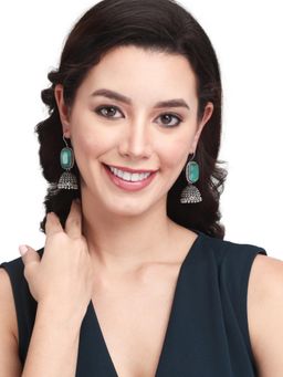 Anvik - Oxidised Silver Green Cabochon Jhumkas