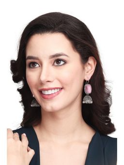 Anvik - Oxidised Silver Pink Cabochon Jhumkas
