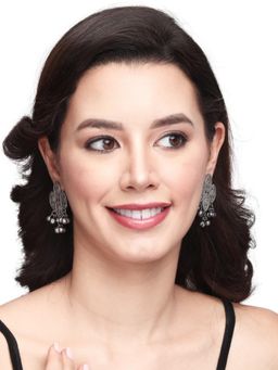 Anvik - Oxidised Silver Paired Leaf Drop Earrings