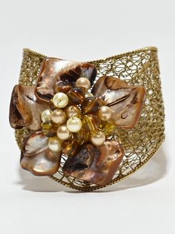 Odette - Brown And Golden Alloy Pearl And Stone Cuff For Women