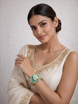 Odette - Green And Golden Alloy Pearl And Stone Cuff For Women