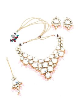 Odette - Women Grape Bunch Shape Pink Mani-Kundan Necklace And Earrings With Maang Tikka