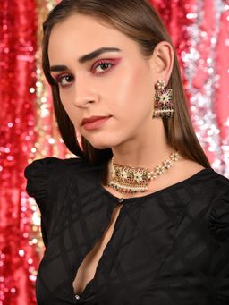 Odette - Women Red-Green Square Multicolour Choker With Earrings