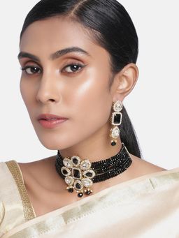 Peora - Black Crystal Beaded Choker Necklace with Earrings for Women