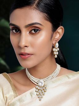 Peora - Gold Plated Crystal Pearl Necklace with Earrings Traditional for Women