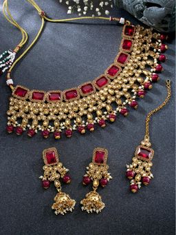 Peora - Maroon Traditional Kundan Choker Necklace and Jhumka with Maang Tikka