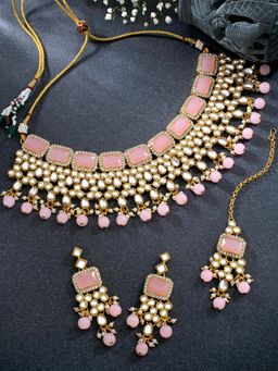 Peora - Pink Traditional Kundan Choker Necklace and Earrings with Maang Tikka