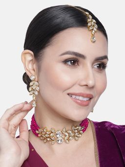 Peora - Crystals Studded Choker Necklace and Earrings with Maang Tikka