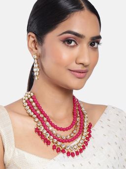 Peora - Rani Pink Kundan Long Necklace with Earrings Indian Traditional for Women