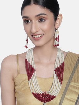 Peora - White Pearl Maroon Beaded Long Necklace with Matching Earrings
