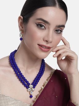 Peora - Gold Plated Blue Kundan Long Necklace with Earrings Traditional for Women