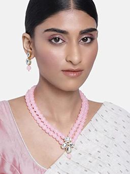 Peora - Gold Plated Pink Kundan Long Necklace with Earrings Traditional for Women