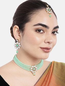 Peora - Kundan Beads Floral Choker Necklace and Earrings with Maang Tikka