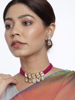Peora - Crystal Rani Pink Beads Studded Choker Necklace and Earrings for Women
