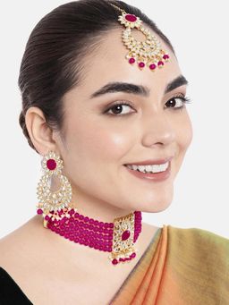 Peora - Kundan Rani Pink Beads Studded Choker Necklace and Earrings with Maang Tikka