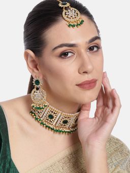 Peora - Green Crystal Choker Floral Necklace and Chandbali Earrings with Maang Tikka
