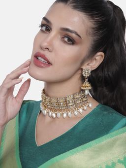 Peora - Traditional White Kundan Choker Necklace with Earrings for Women