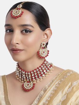 Peora - Traditional Kundan Beaded Choker Necklace and Earrings with Maang Tikka