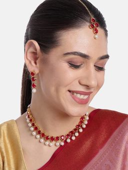 Peora - Rani Pink Kundan Pearl Traditional Ethnic Choker Necklace Earring Maang Tikka