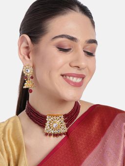 Peora - Trendy Kundan Pearl Maroon Choker Necklace with Jhumki Earrings