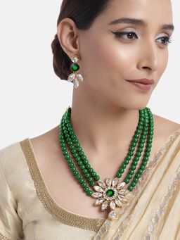 Peora - Floral Crystal Stone Green Pearl Ethnic Kundan Necklace with Earrings
