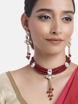 Peora - Crystal Maroon Faux Pearl Choker Necklace with Earrings for Women