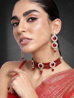 Peora - Traditional Crystal Studded Maroon Beaded Choker Necklace with Earrings