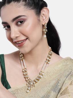 Peora - Gold Plated White Crystal Necklace with Earrings Ethnic for Women