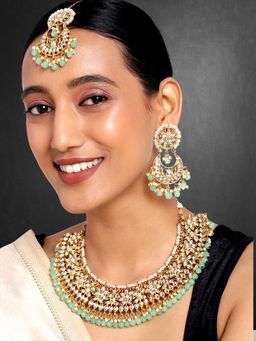 Peora - Gold Plated Kundan Necklace and Earrings with Maang Tikka for Women