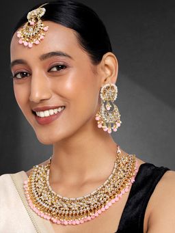 Peora - Gold Plated Kundan Necklace and Earrings with Maang Tikka for Women