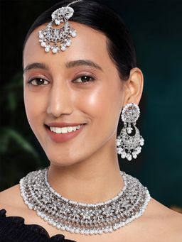 Peora - Silver Plated Kundan Necklace and Earrings with Maang Tikka for Women