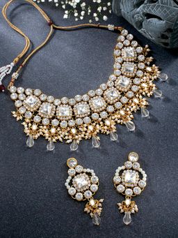 Peora - Gold Plated White Kundan Choker Necklace and Dangle Earrings