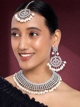 Peora - Silver Plated Kundan Pearl Traditional Necklace and Earrings Maang Tikka