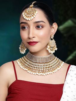 Peora - Traditional Kundan Beads Bridal Necklace and Earrings with Maang Tikka