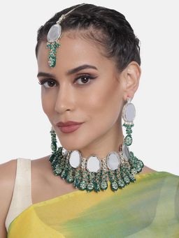 Peora - White Green Kundan Studded Choker Necklace and Earrings Maang Tikka