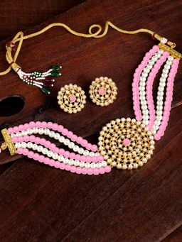 Peora - Beads and Kundan Studded Choker Necklace with Round Earrings