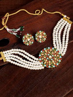 Peora - Multi-Color Kundan and Beads Choker Necklace with Round Earrings for Women