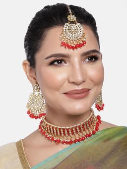 Peora - Gold Plated Kundan Pearl Red Choker Necklace and Earrings with Maang Tikka for Women