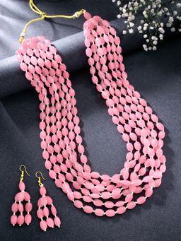 Peora - Pink Beads Layered Long Necklace and Drop Earring for Women