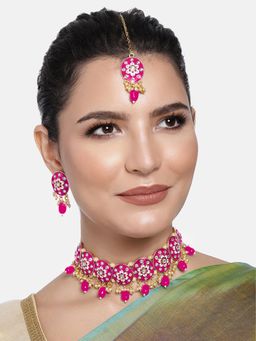 Peora - Rani Pink Meenakari Enamel Choker Necklace and Earrings with Maang Tikka for Women
