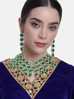 Peora - Gold Plated Green Kundan Necklace and Dangling Earrings for Women