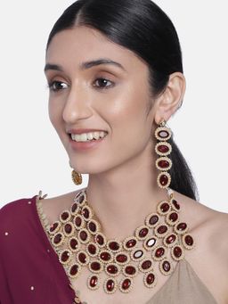 Peora - Gold Plated Maroon Kundan Necklace and Dangling Earrings for Women