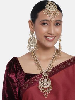 Peora - Gold Plated Necklace and Dangling Beads Chandbali Earrings with Maang Tikka