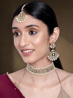 Peora - Gold Plated White Kundan Choker Necklace and Earrings with Maang Tikka