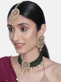 Peora - Gold Plated Green Kundan Choker Necklace and Earrings with Maang Tikka
