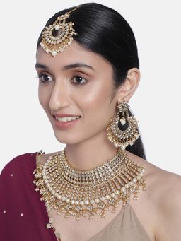 Peora - Gold Plated White Kundan Pearls Necklace and Chandbali Earrings with Maang Tikka