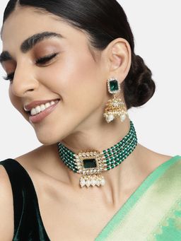 Peora - Kundan Dangling Pearls Green Choker Necklace with Earrings