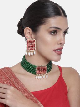 Peora - Rani Pink Green Pearls Beaded Choker Necklace with Earrings